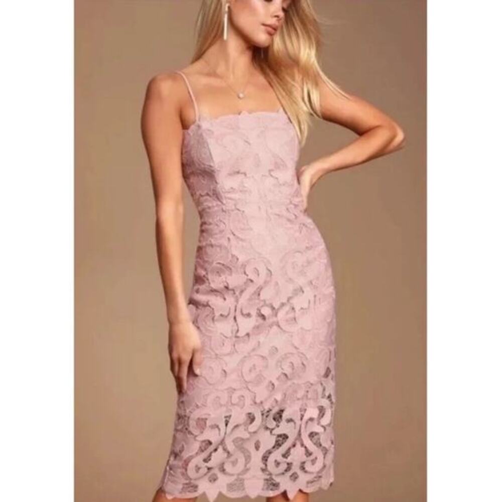 BARDOT Blush Pink Lace Bodycon Midi Spaghetti Strap Cocktail Romantic Chic Dress